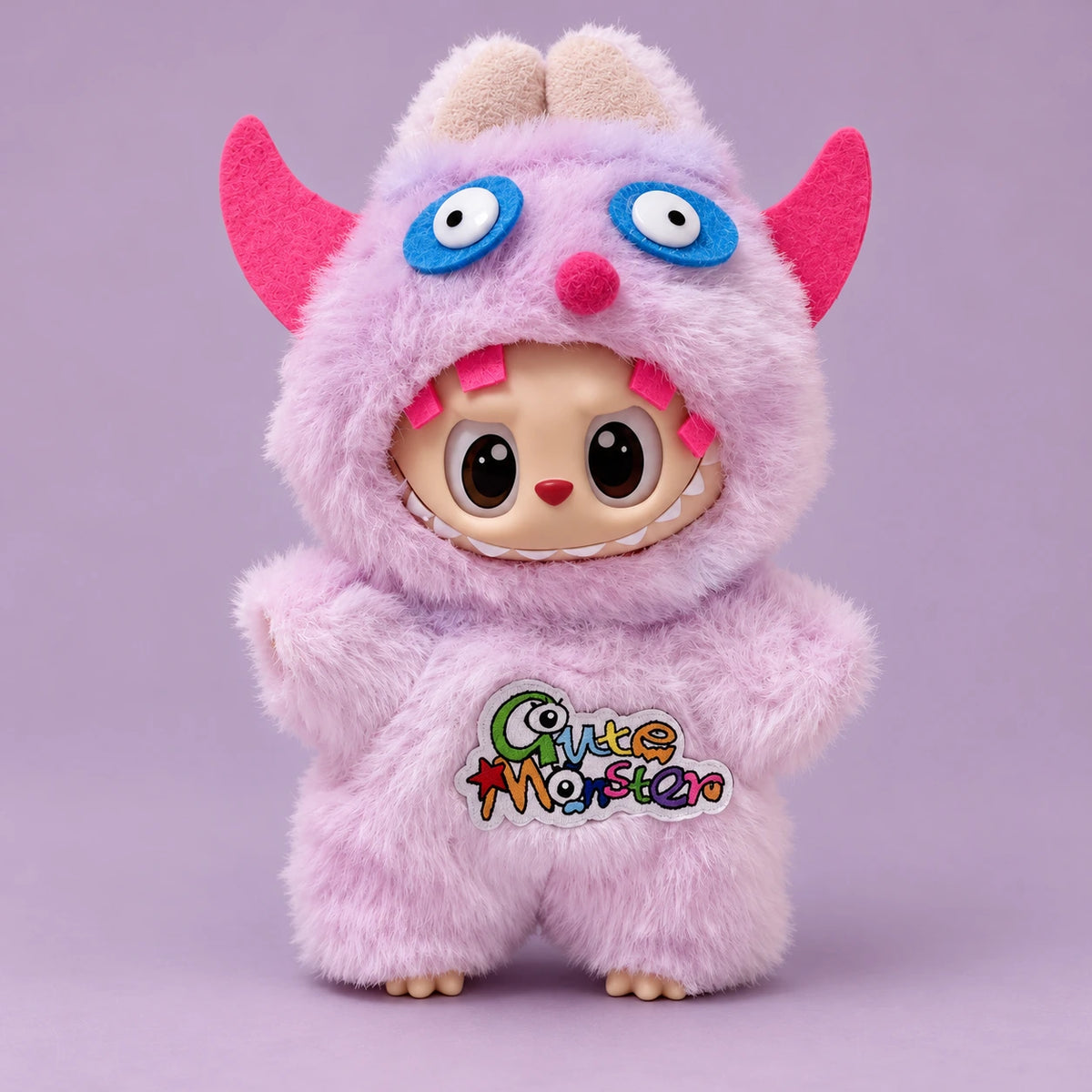 Labubu doll modeling the lavender monster Halloween outfit