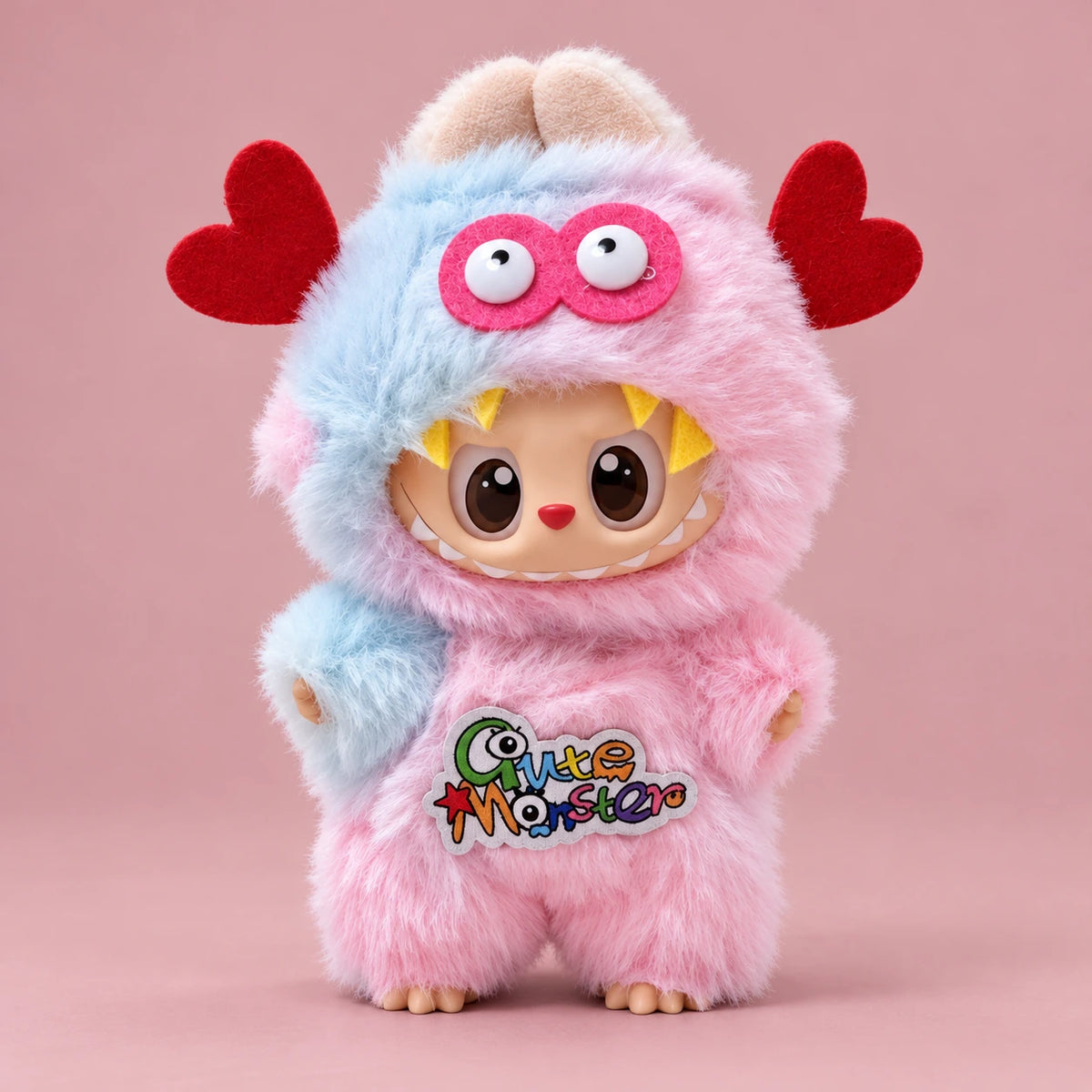 Labubu doll modeling the pink monster Halloween outfit