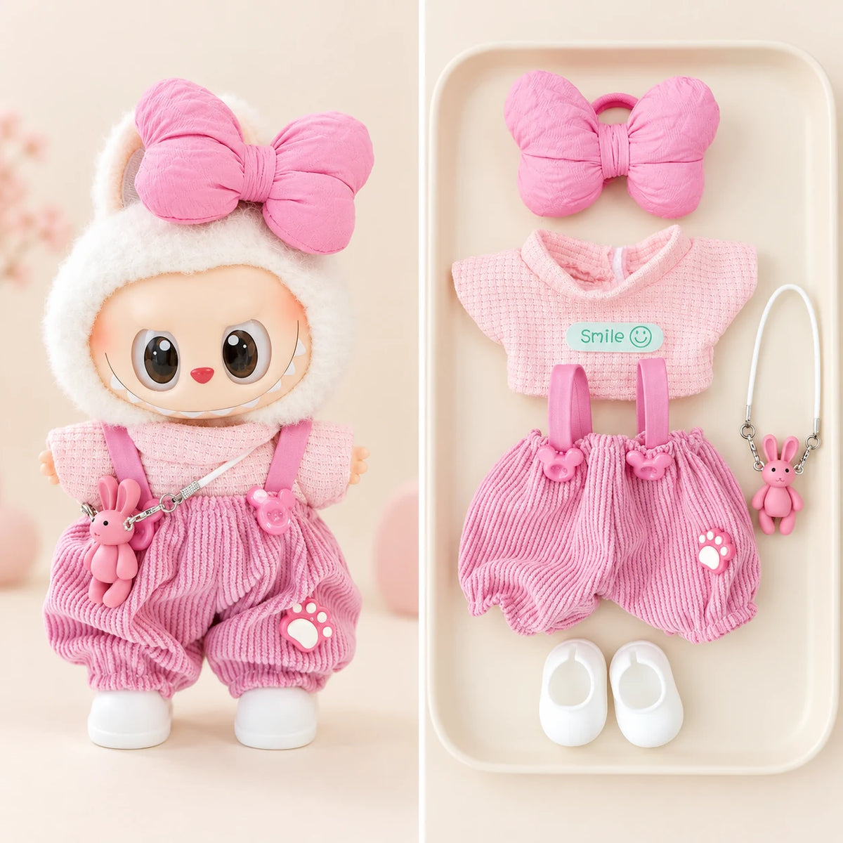Pink Bow & Bunny Overalls - 5 Pieces Labubu outfit for a 17 cm doll; clothing only, doll not included.
