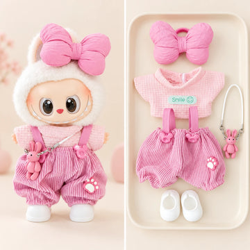 Pink Bow & Bunny Overalls - 5 Pieces Labubu outfit for a 17 cm doll; clothing only, doll not included.