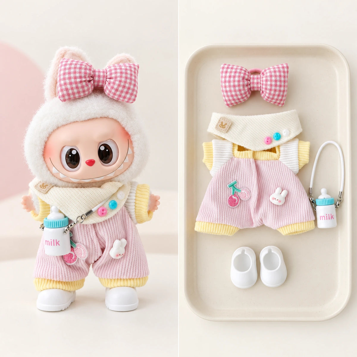 Cherry Pink Bunny - 5 Pieces Labubu outfit for a 17 cm doll; clothing only, doll not included.