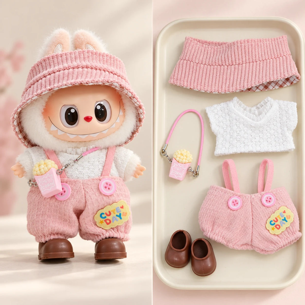 Pink Overalls - 5 Pieces Labubu outfit for a 17 cm doll; clothing only, doll not included.