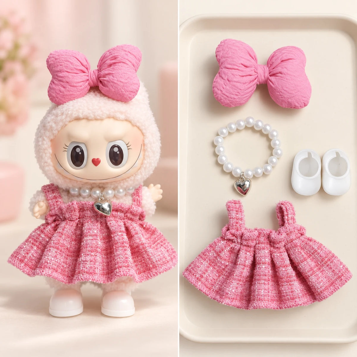 Berry Tweed Dress - 4 Pieces Labubu outfit for a 17 cm doll; clothing only, doll not included.