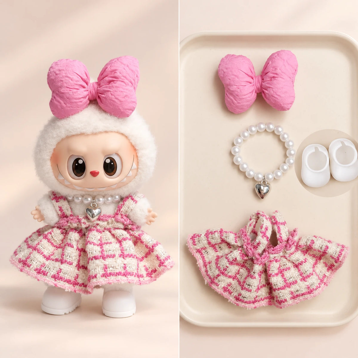 Rose Check Tweed - 4 Pieces Labubu outfit for a 17 cm doll; clothing only, doll not included.