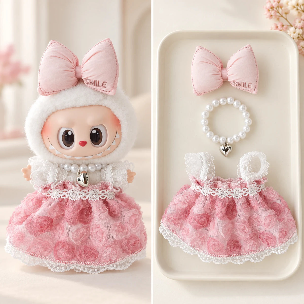 Pink Rose - 3 Pieces Labubu outfit for a 17 cm doll; clothing only, doll not included.