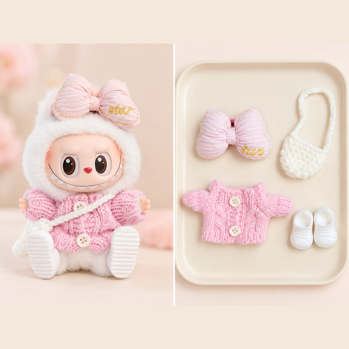 Peach Knit - 4 Pieces Labubu outfit for a 17 cm doll; clothing only, doll not included.