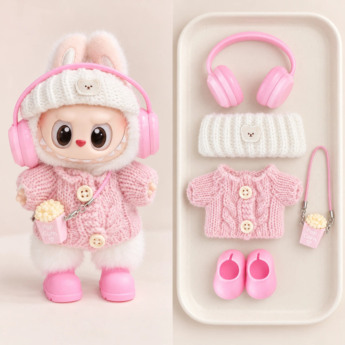 Pink Bear Headphones - 5 Pieces Labubu outfit for a 17 cm doll; clothing only, doll not included.