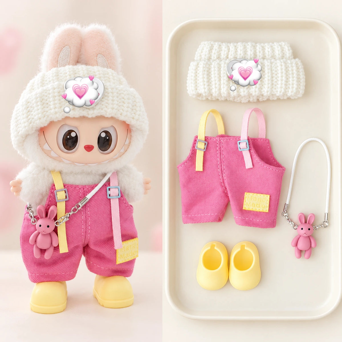 Pink & Yellow Overalls - 4 Pieces Labubu outfit for a 17 cm doll; clothing only, doll not included.