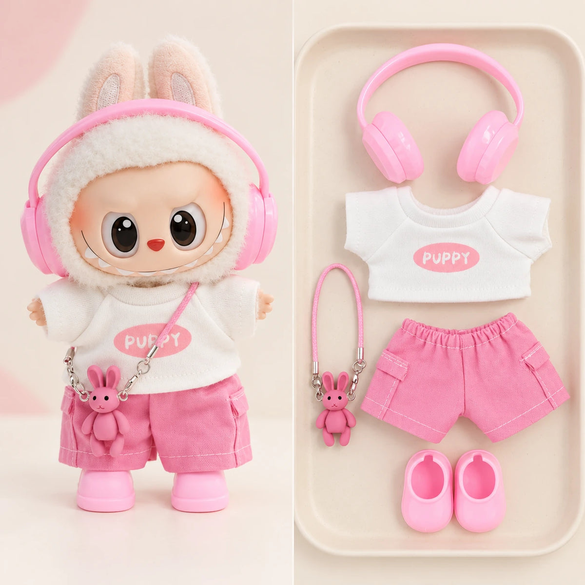Pink Bunny Sports - 5 Pieces Labubu outfit for a 17 cm doll; clothing only, doll not included.