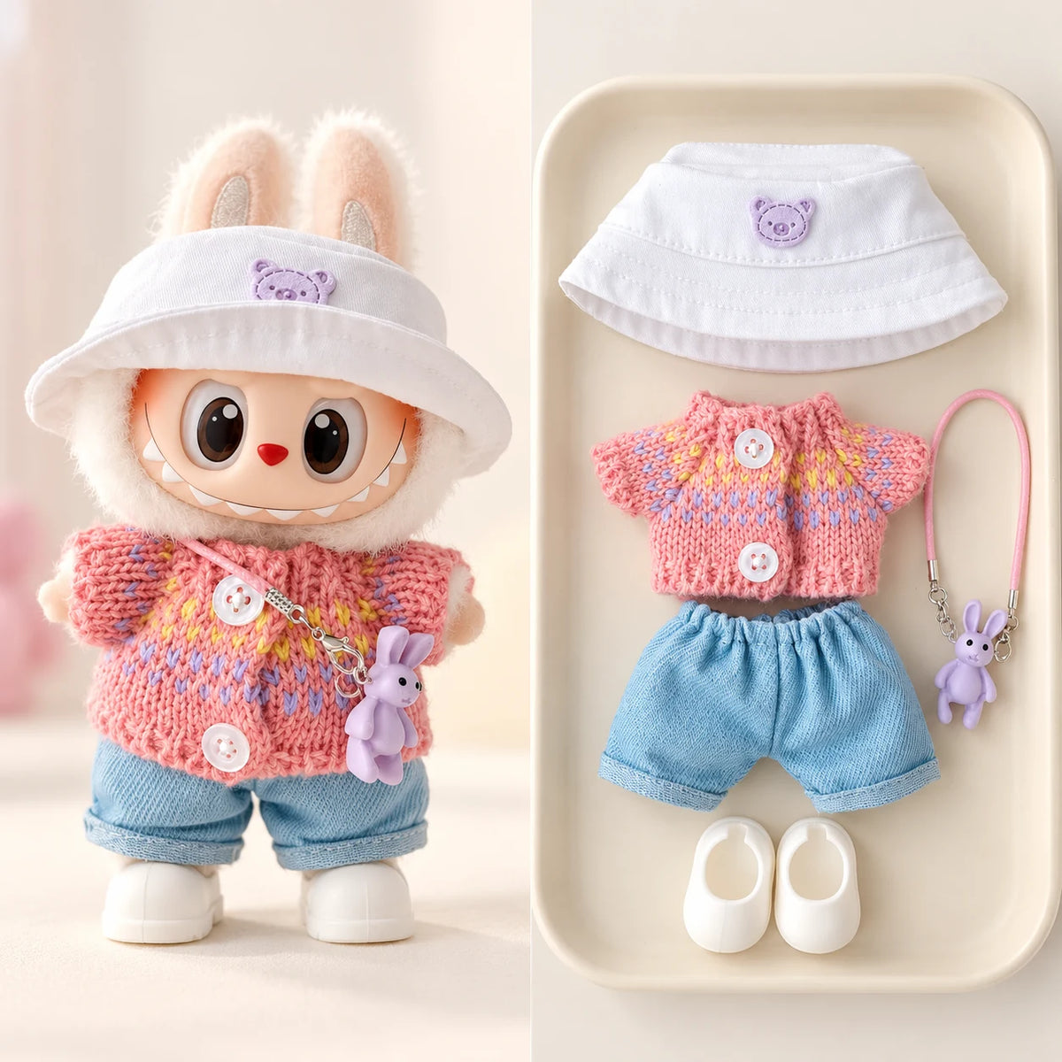 Pink Knit & Bear Bucket Hat - 5 Pieces Labubu outfit for a 17 cm doll; clothing only, doll not included.