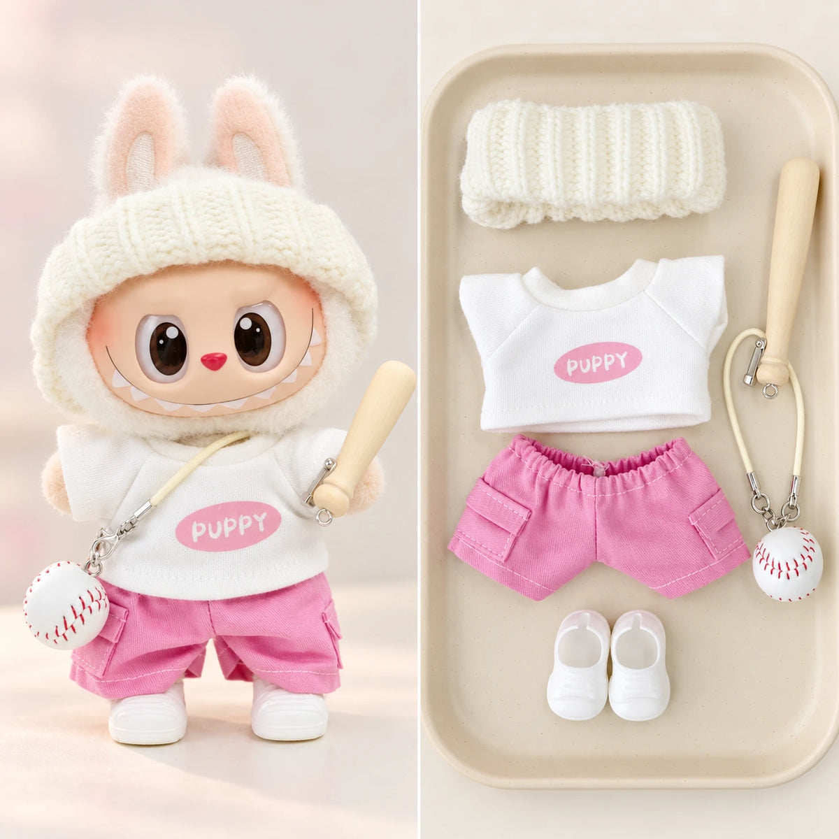 Pink Baseball - 6 Pieces Labubu outfit for a 17 cm doll; clothing only, doll not included.