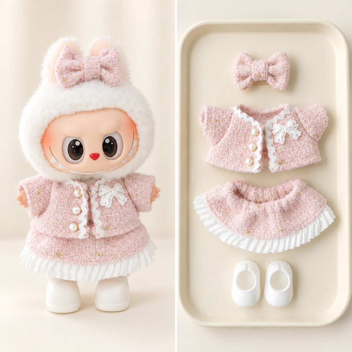 Pink Tweed Chic - 4 Pieces Labubu outfit for a 17 cm doll; clothing only, doll not included.