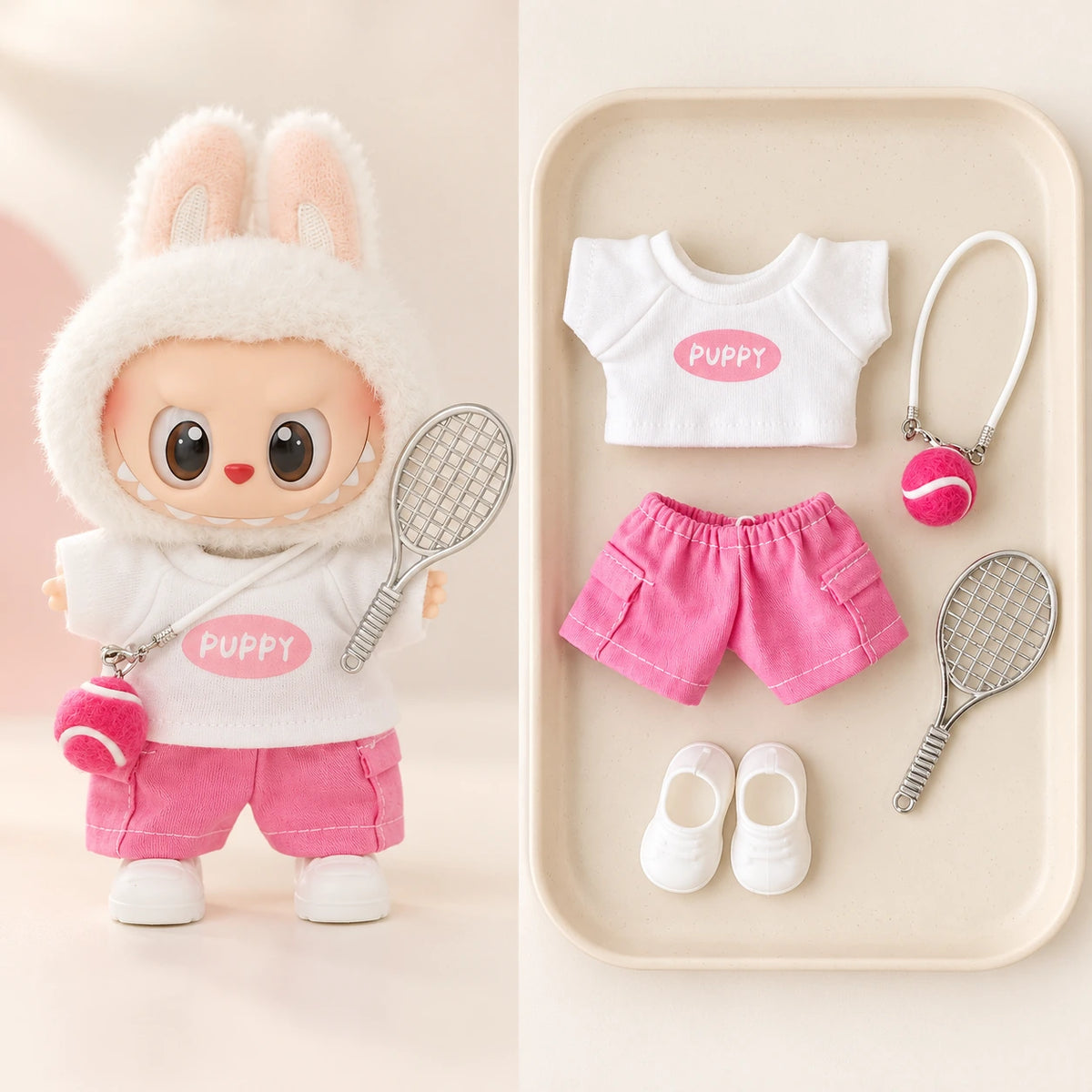 Pink Tennis - 5 Pieces Labubu outfit for a 17 cm doll; clothing only, doll not included.
