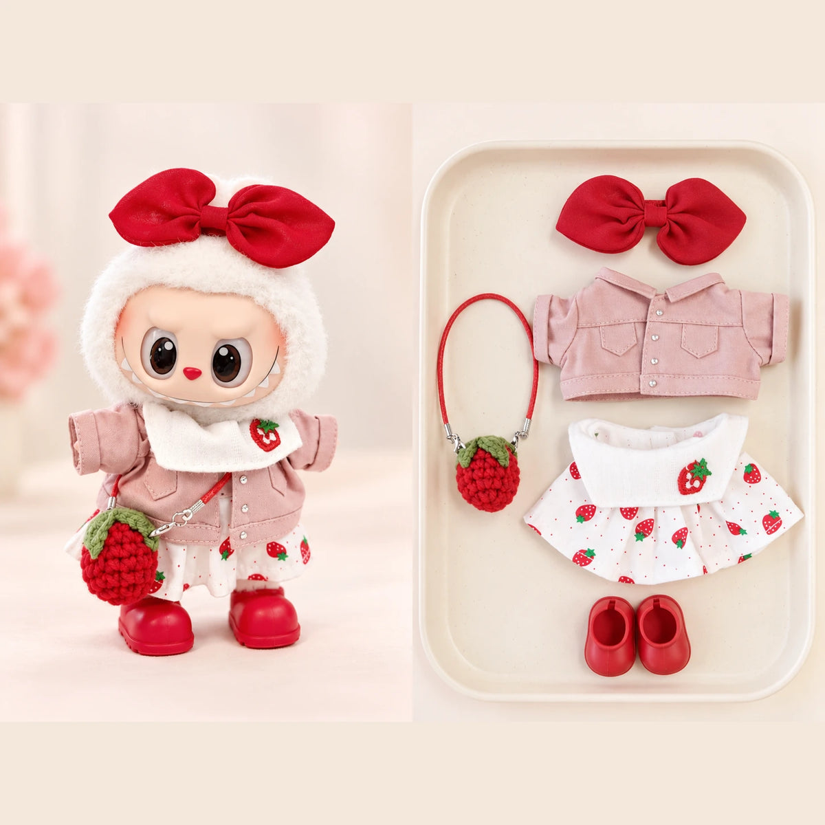 Sweet Strawberry - 5 Pieces Labubu outfit for a 17 cm doll; clothing only, doll not included.