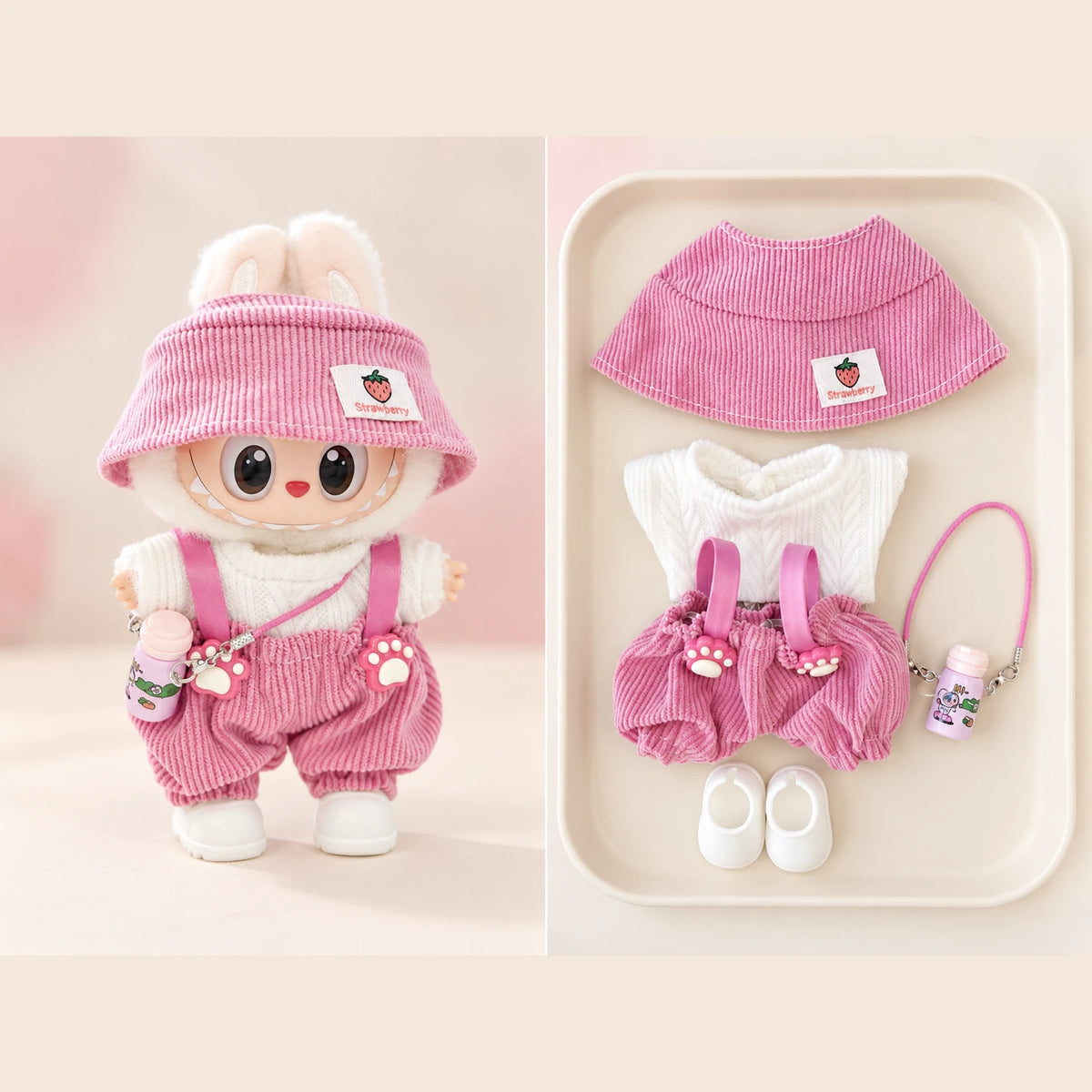 Strawberry Visor & Pink Overalls - 5 Pieces Labubu outfit for a 17 cm doll; clothing only, doll not included.
