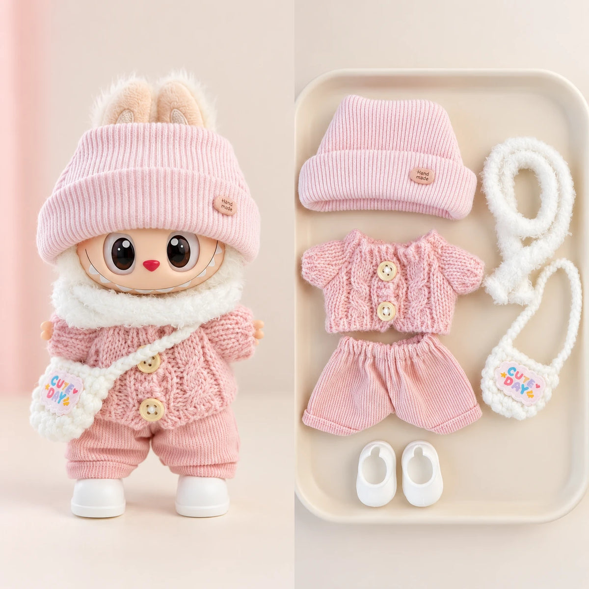 Baby Pink Beanie & Cardigan - 6 Pieces Labubu outfit for a 17 cm doll; clothing only, doll not included.
