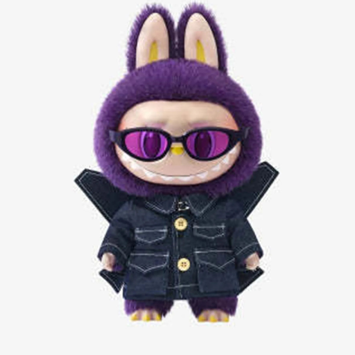 LABUBU Wings of Fantasy vinyl plush doll front view with purple glasses and black denim coat