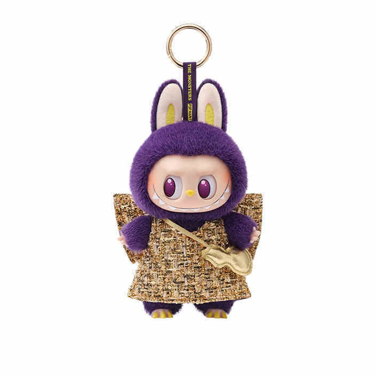 LABUBU Wings of Fortune vinyl plush pendant front view with hanging ring and gold coat