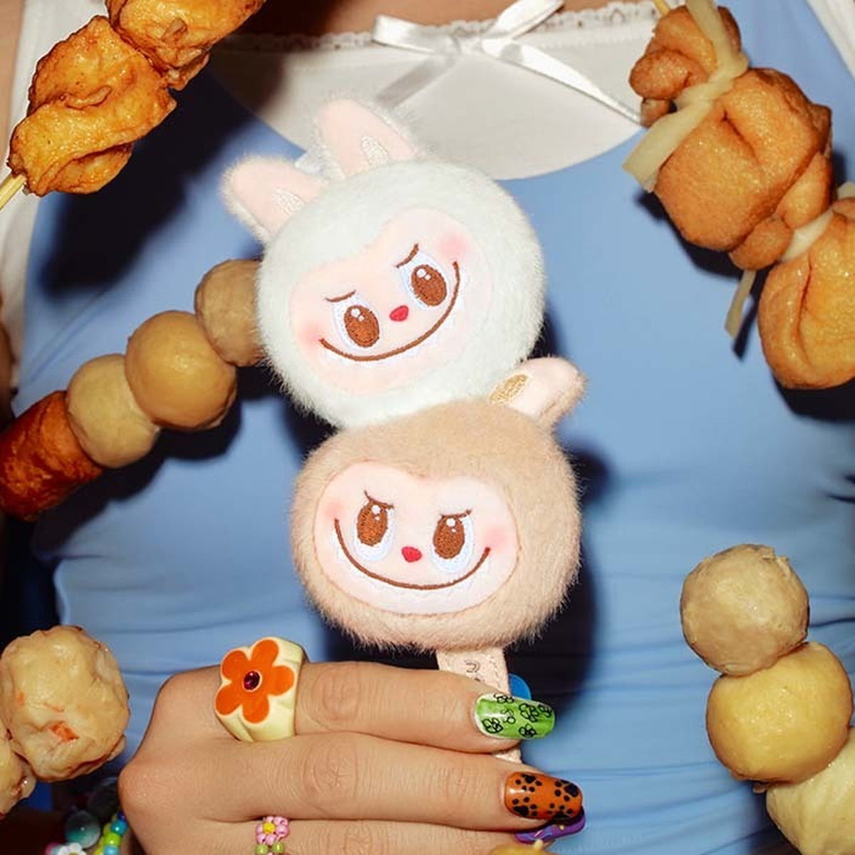 Labubu The Monsters Wacky Mart Series Seafood Balls Plush Pendant - Seafood-balls plush pendant detail with lower hanging label partly obscured; styling food and rings not included; one two-head pendant