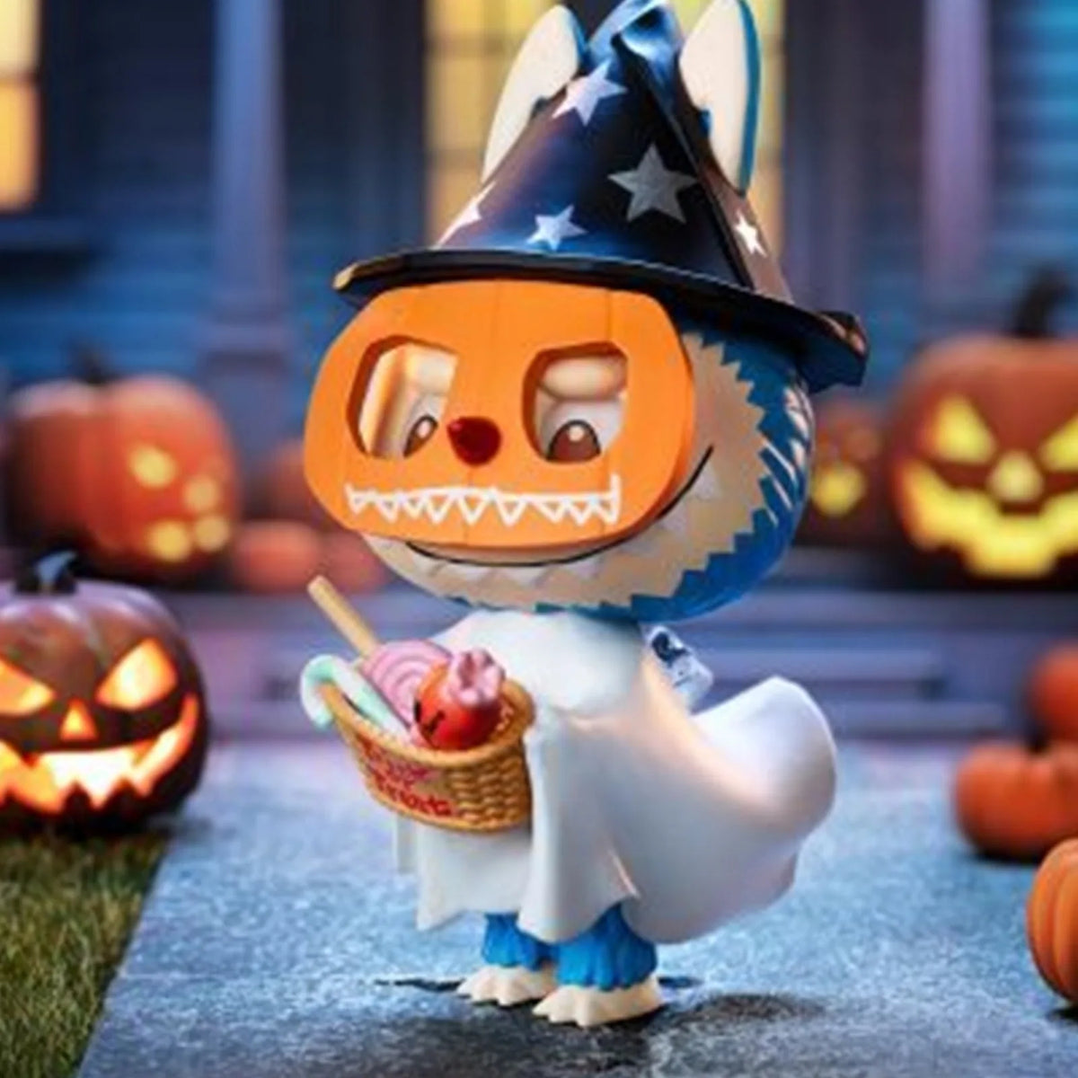 LABUBU Trick-or-Treater figure wearing pumpkin mask; three-quarter view