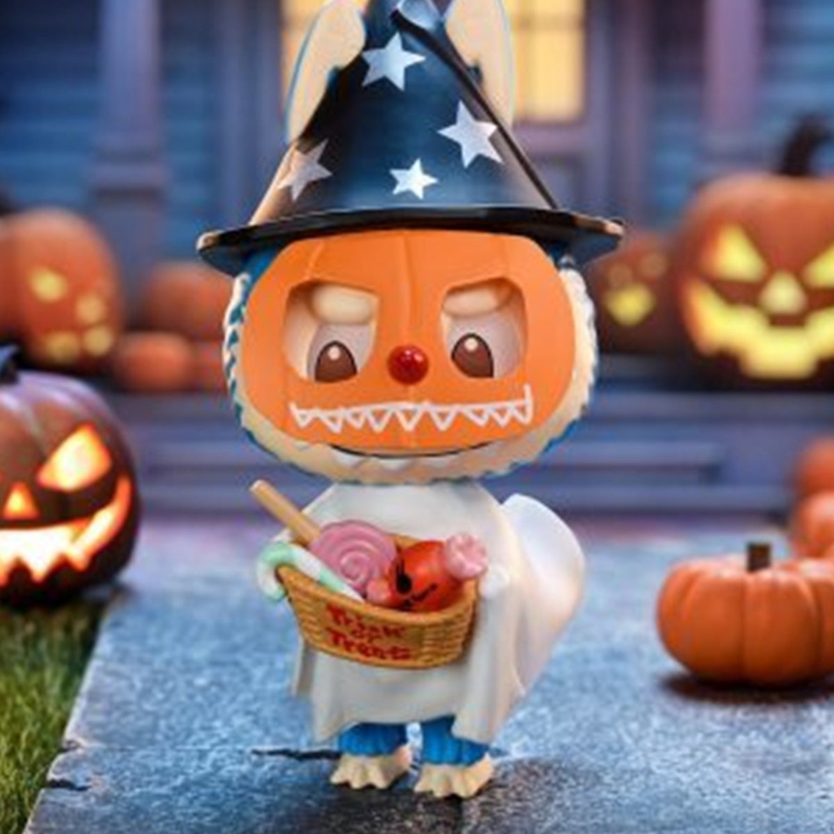 LABUBU Trick-or-Treater figure wearing pumpkin mask; front view