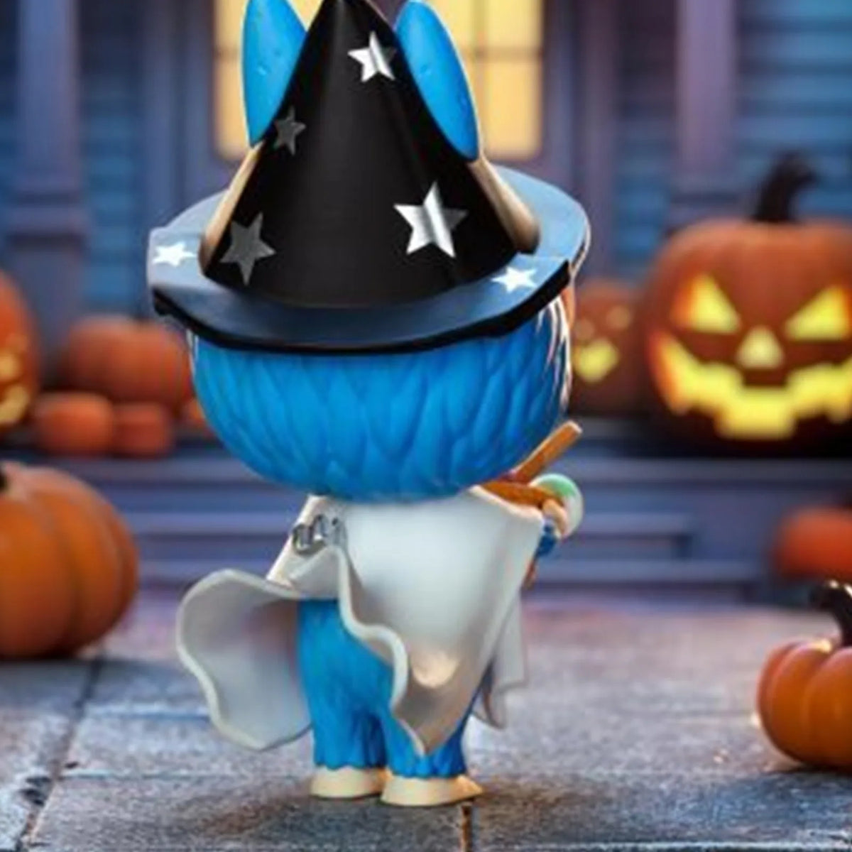 Rear detail of LABUBU Trick-or-Treater figure showing hat and costume
