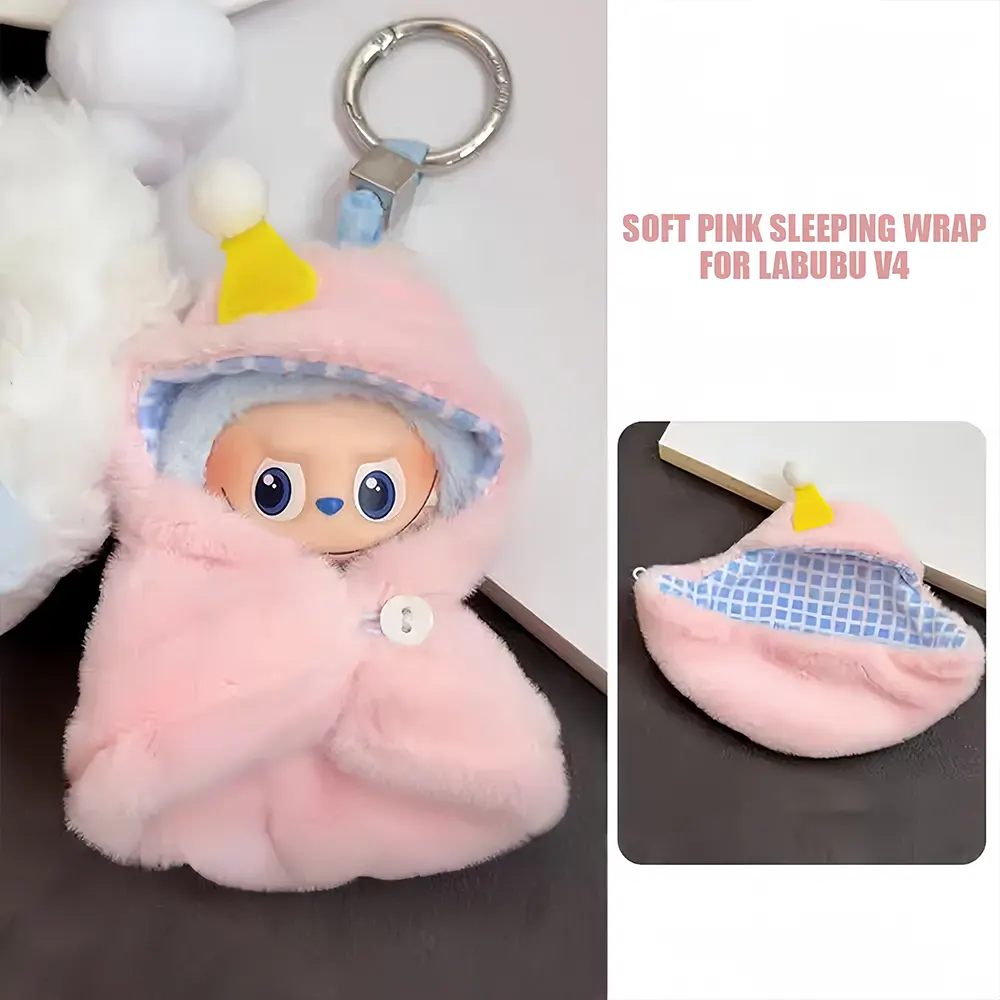 Labubu V4 Doll Outfit - Soft Pink Mini Swaddle Wrap for 10cm Collectible Figure - front view | KikiBuddies