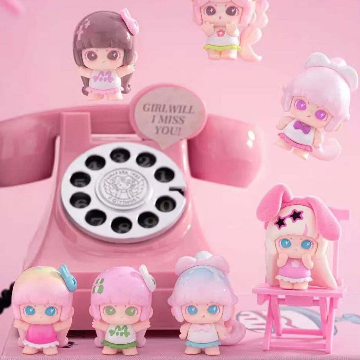LancyLulu Cute Girl Alliance mini figures in a pink telephone display; series examples