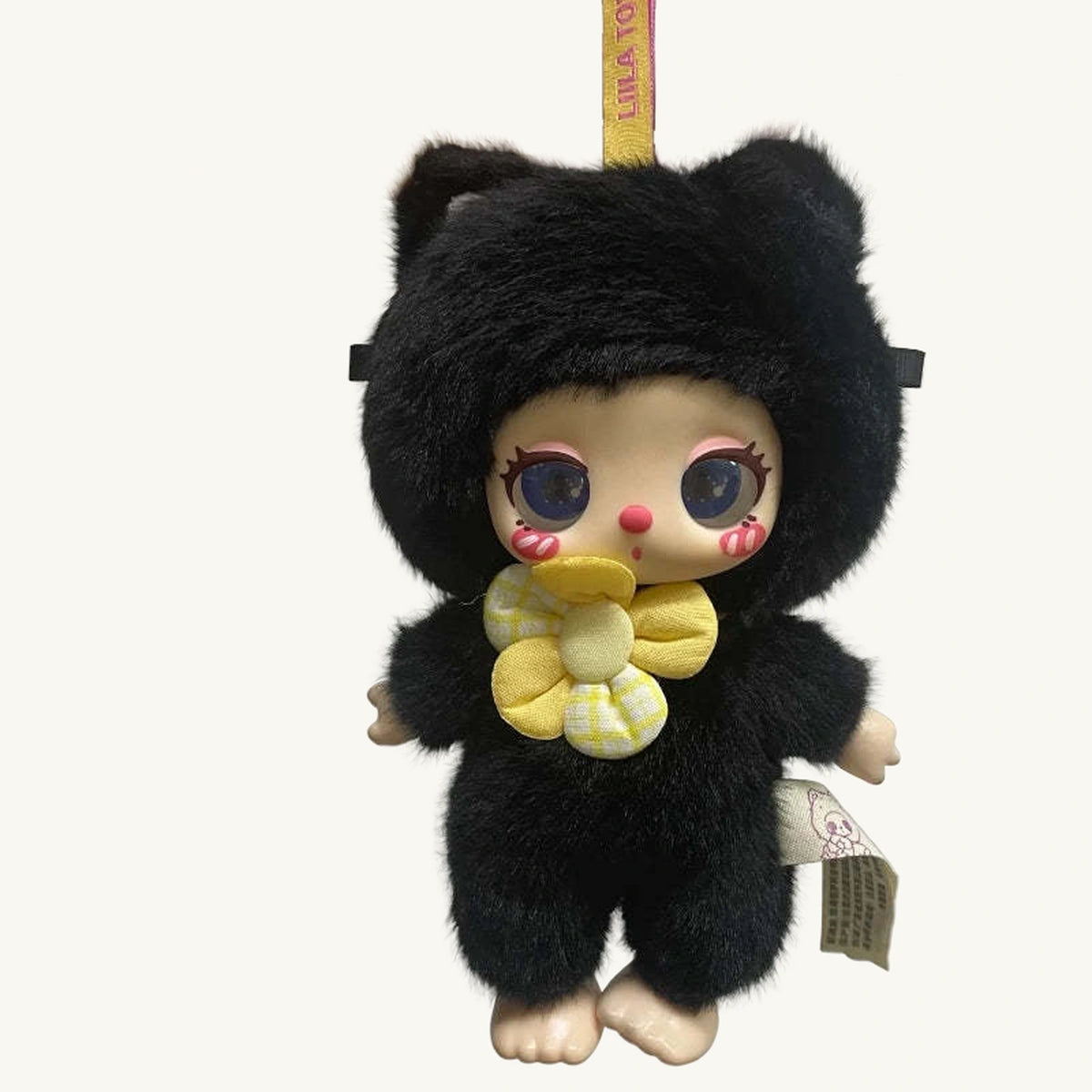 Liila Midnight Blackcurrant black cat plush doll, complete front view with original hanging strap and care labels