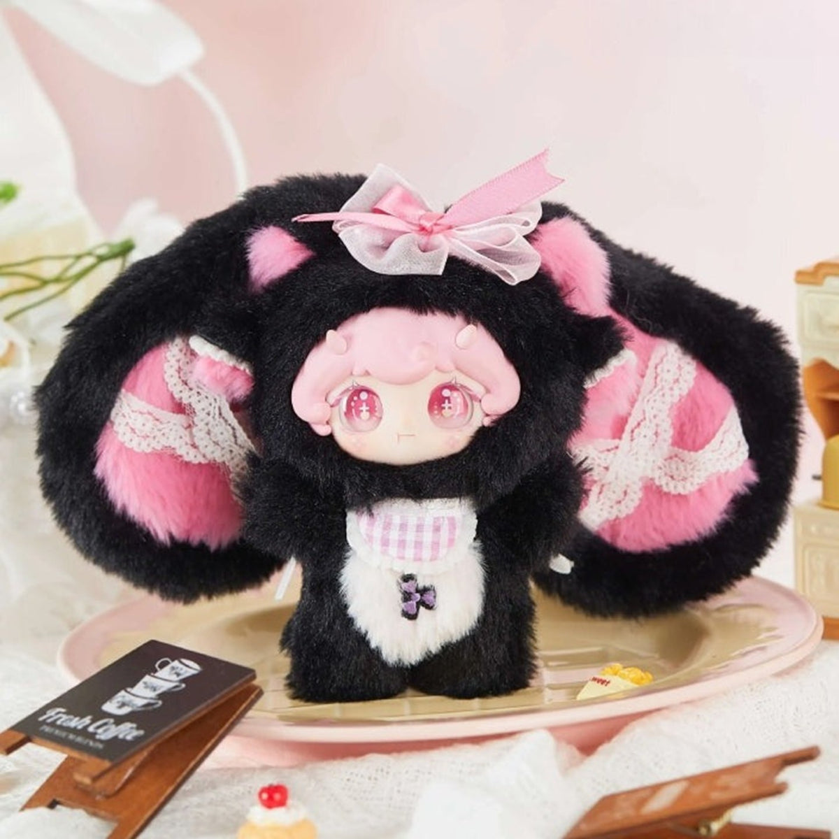 Lilina Flower Dream Series Plush Blind Box — Black and pink long-eared plush example, complete view; series example, not a guaranteed selection
