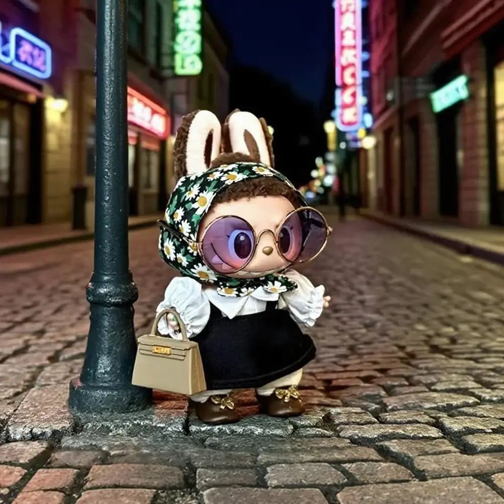 Labubu / The Monsters 17cm Outfit · Little Daisy 4-Piece｜Doll Clothes, Figure Not Included – Independent Retailer - Deluxe Set (Blouse + Skirt + Headscarf + Deluxe Handbag + Glass) doll outfit lifestyle scene | KikiBuddies