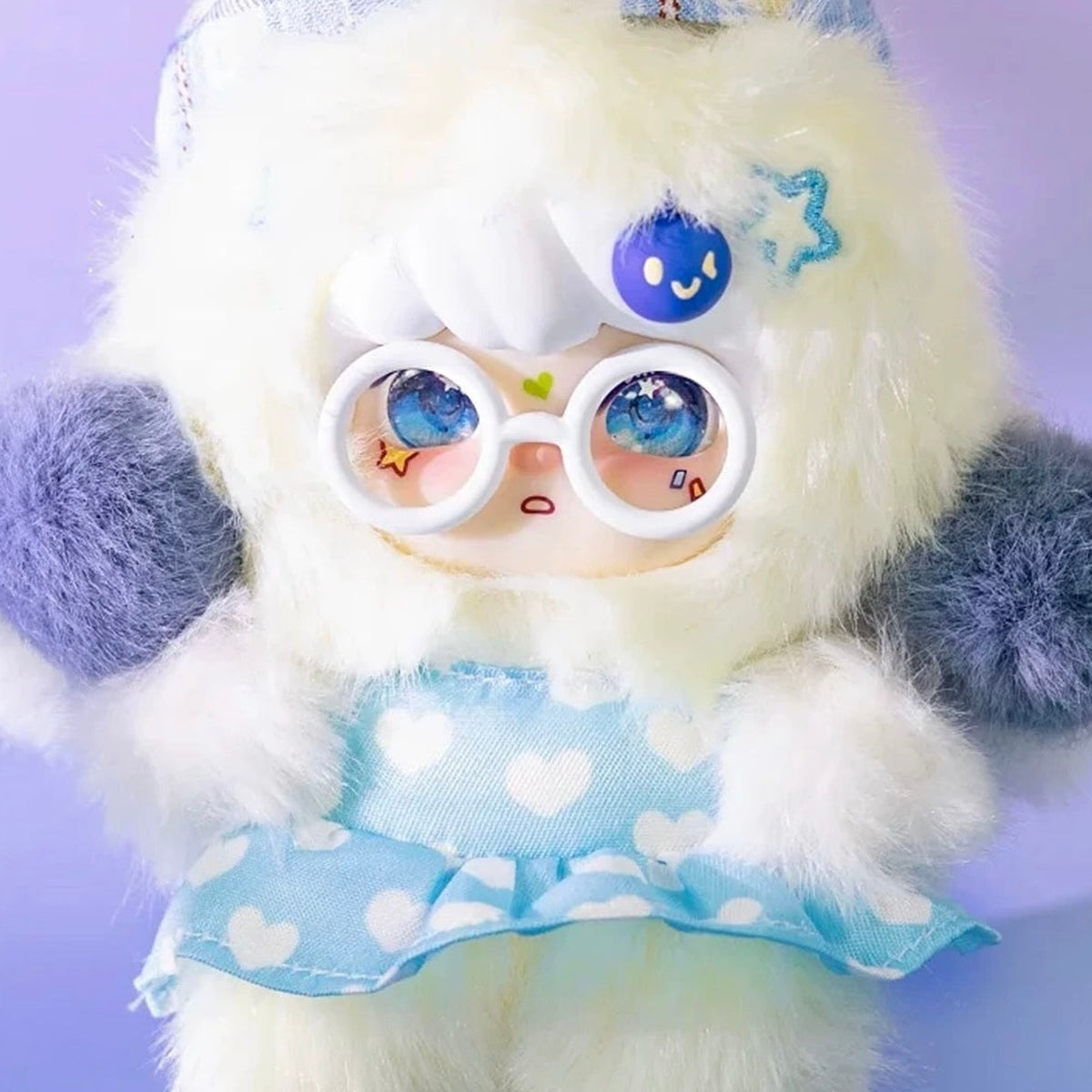Lokiki Sweety2 blue heart-patterned costume design with round glasses, shown in close-up; random design is not guaranteed.