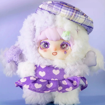 Lokiki Sweety2 plush doll design in a purple heart-patterned dress and checked hat, with headwear and feet visible; pictured design is not guaranteed in a random box.