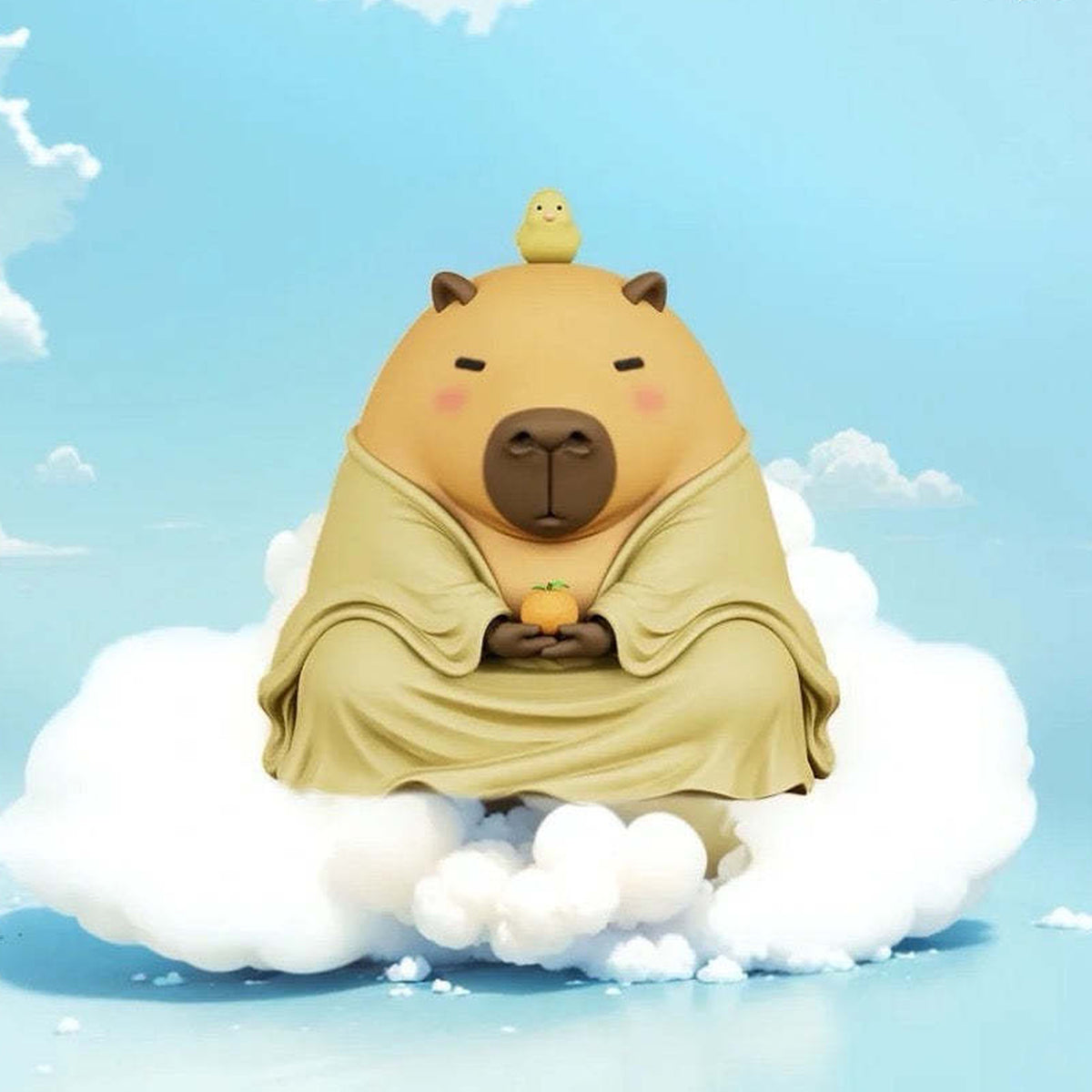 Capybara figure in a robe with a small chick detail; series design example | KikiBuddies