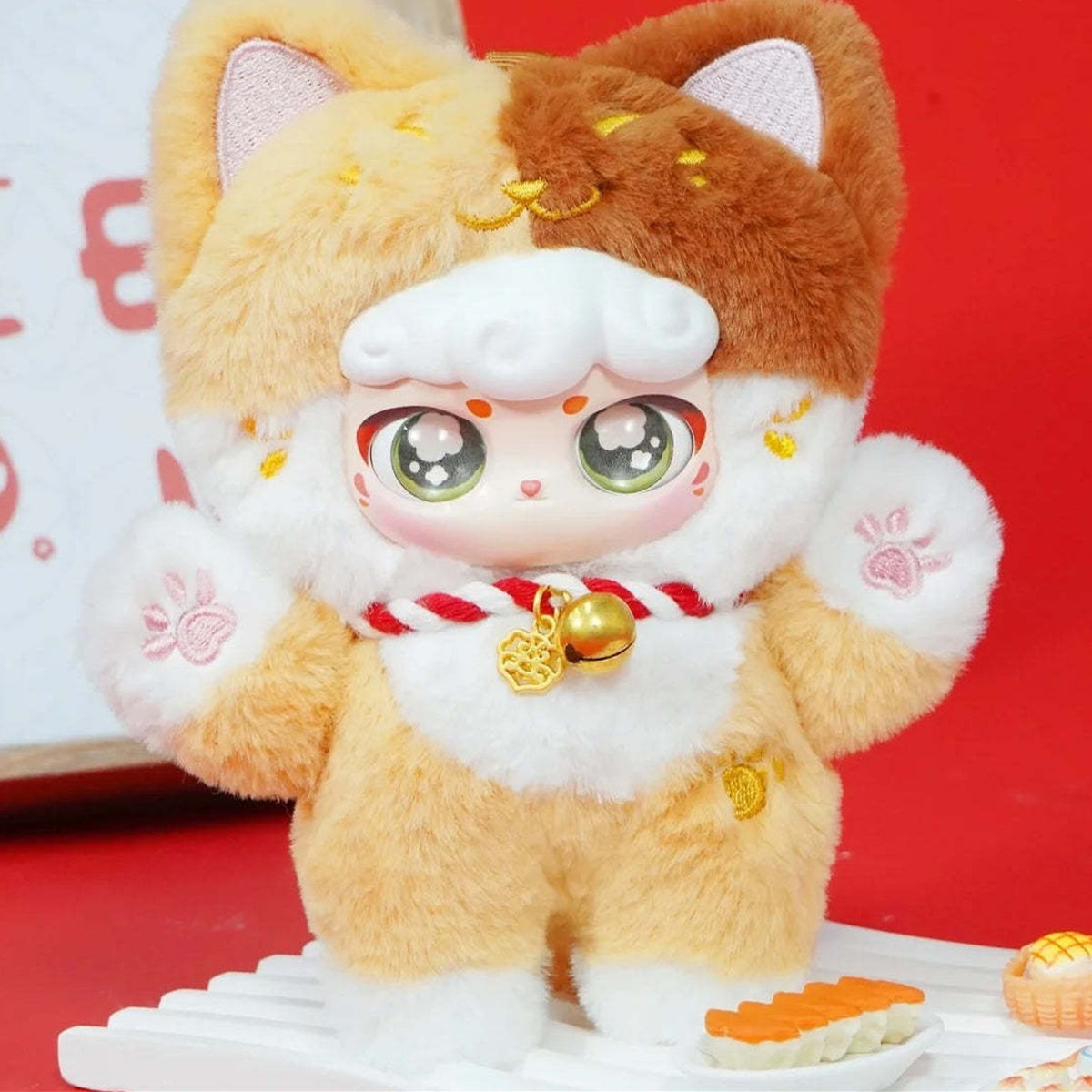 Lucky Meow V2 tan-and-white cat-costume plush and bell detail; series example
