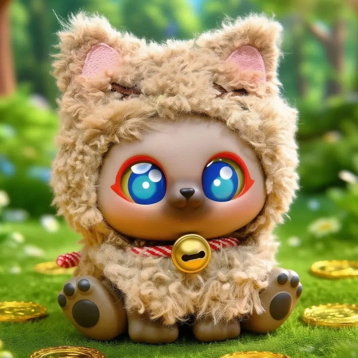 Lucky Picoco Cloak Cat tan plush hood shown from the front with paw details; illustrative series design