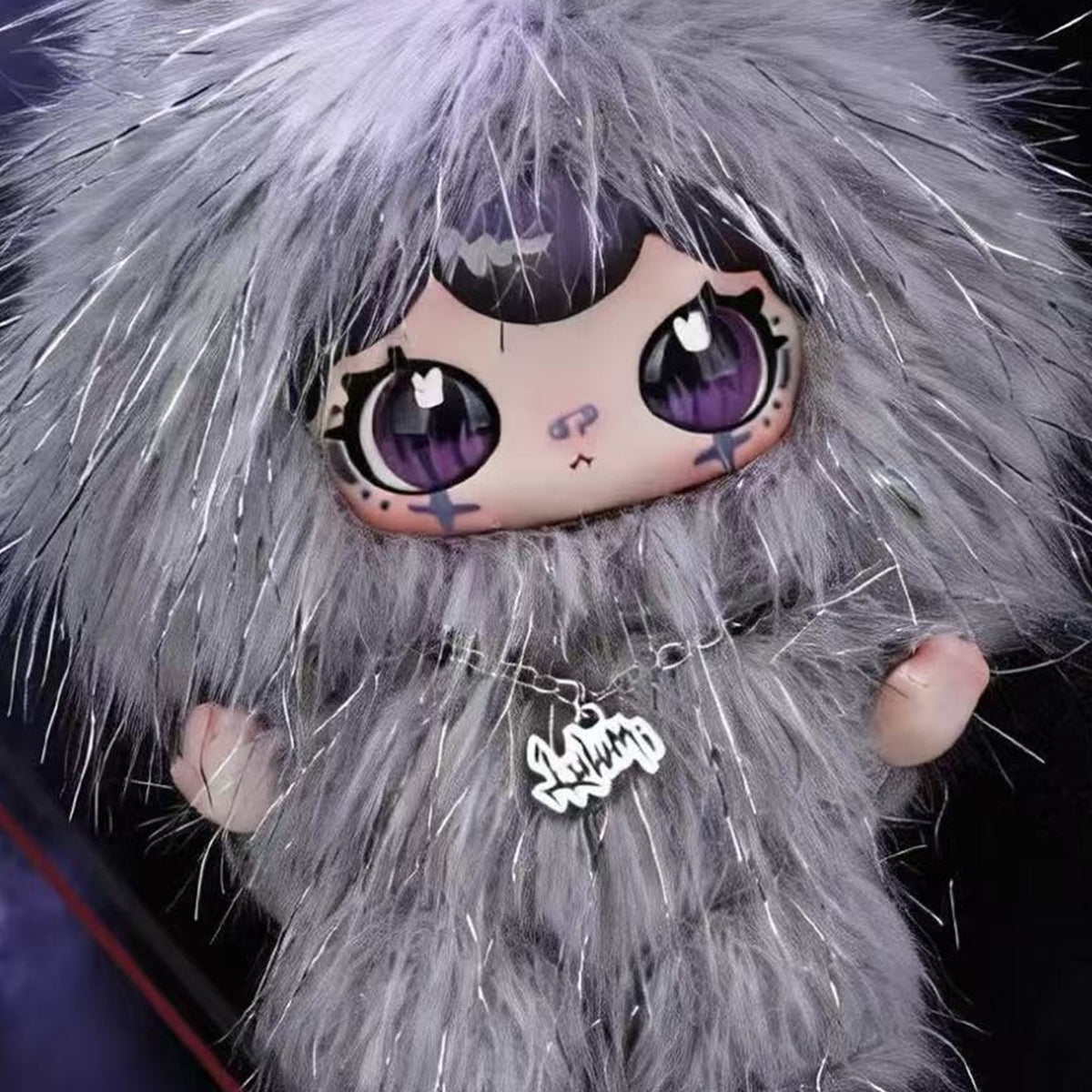 Lulumi's The Seventh Pain Series Plush Pendant Blind Box - Long-haired gray plush design with silver chest charm; upper head and lower outline cropped; random design not guaranteed; display props not included