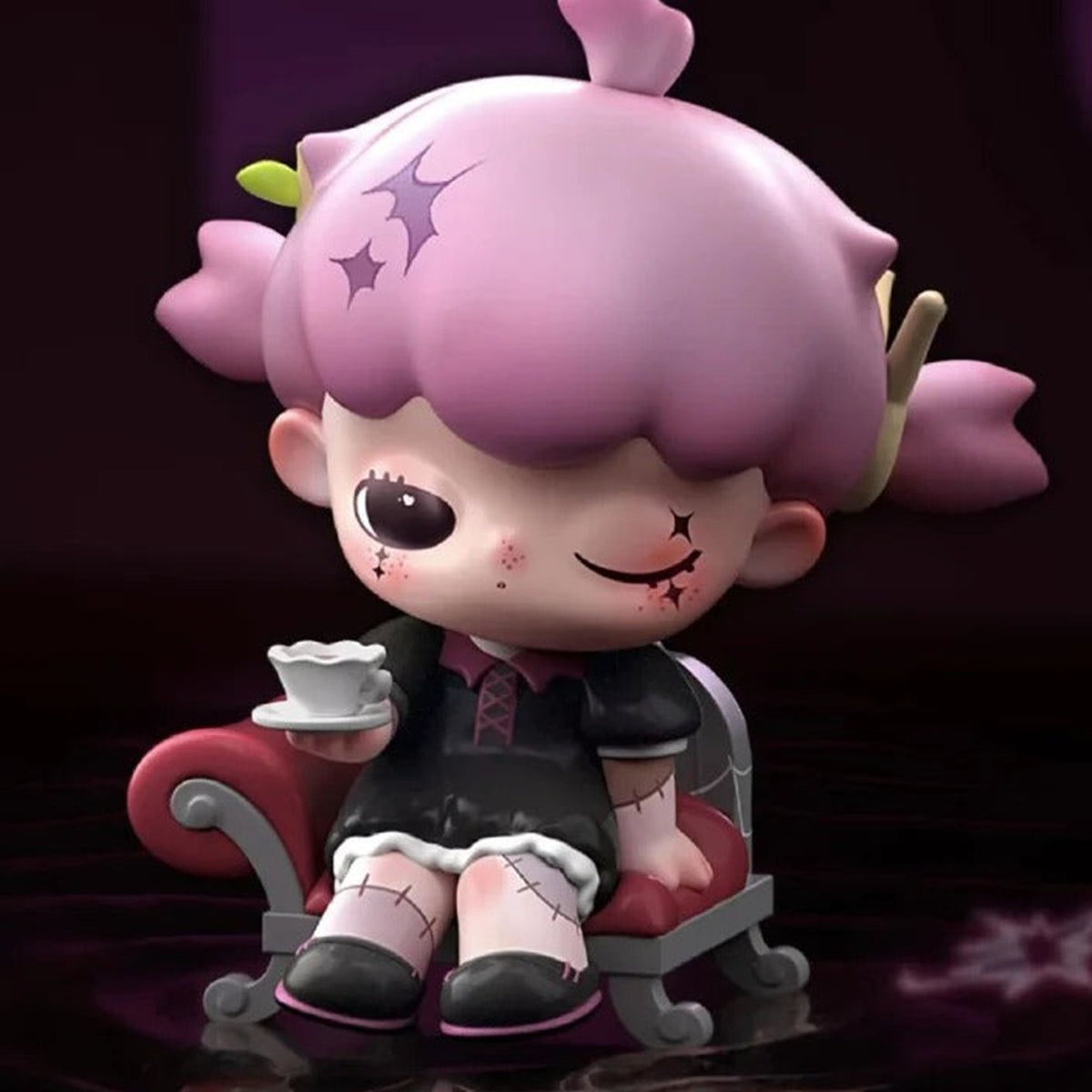 LULUMI The Rift Invitation purple-haired seated design, costume and teacup detail