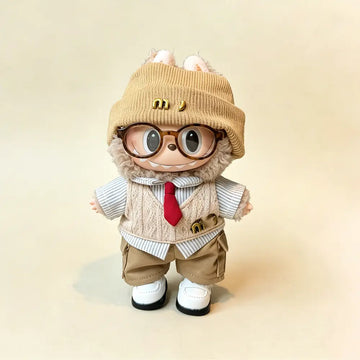 Maillard Intellectual Knit Outfit Set for Labubu 17cm - Beanie, Glasses and Layered Sweater - Canvas Pants Set doll outfit main product card | KikiBuddies