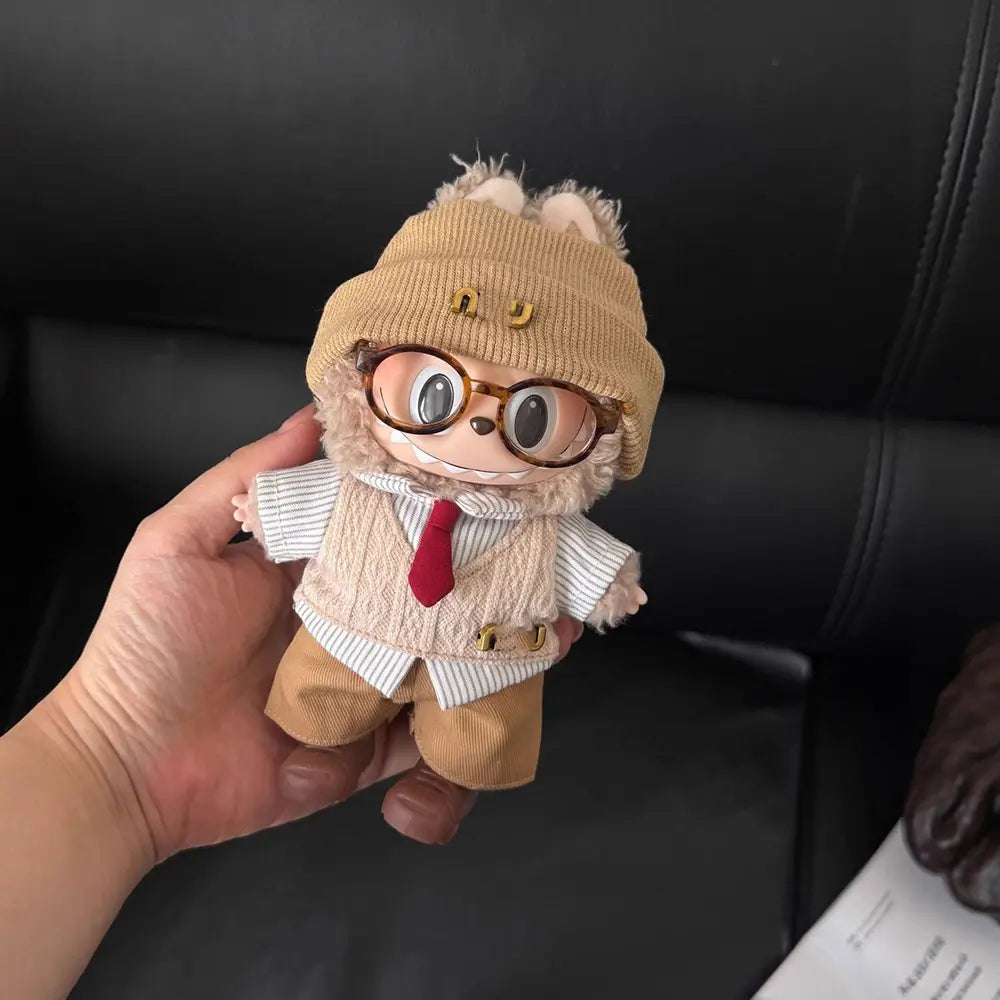 Maillard Intellectual Knit Outfit Set for Labubu 17cm - Beanie, Glasses and Layered Sweater - Canvas Pants Set doll outfit front view | KikiBuddies