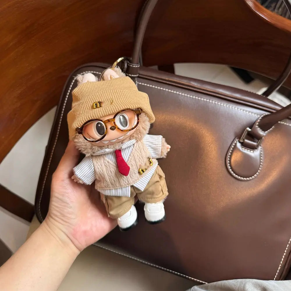 Maillard Intellectual Knit Outfit Set for Labubu 17cm - Beanie, Glasses and Layered Sweater - Cargo Pants Set doll outfit detail view | KikiBuddies