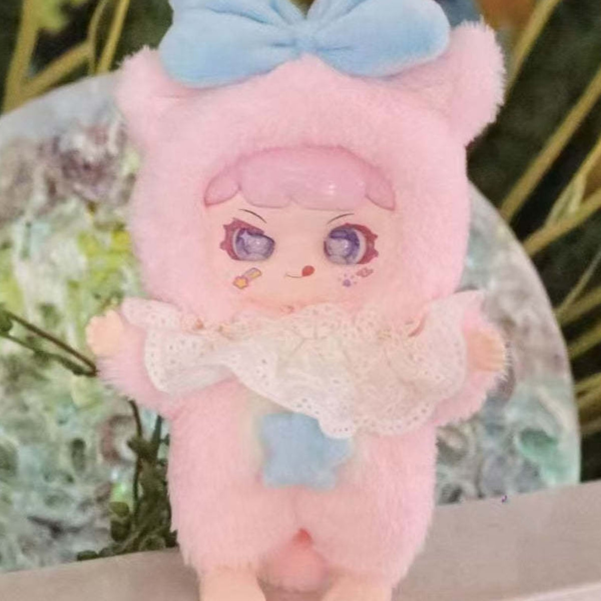 MANCHAO A Mouthful of Sweet pale pink plush face, lace collar and blue bow detail; series example