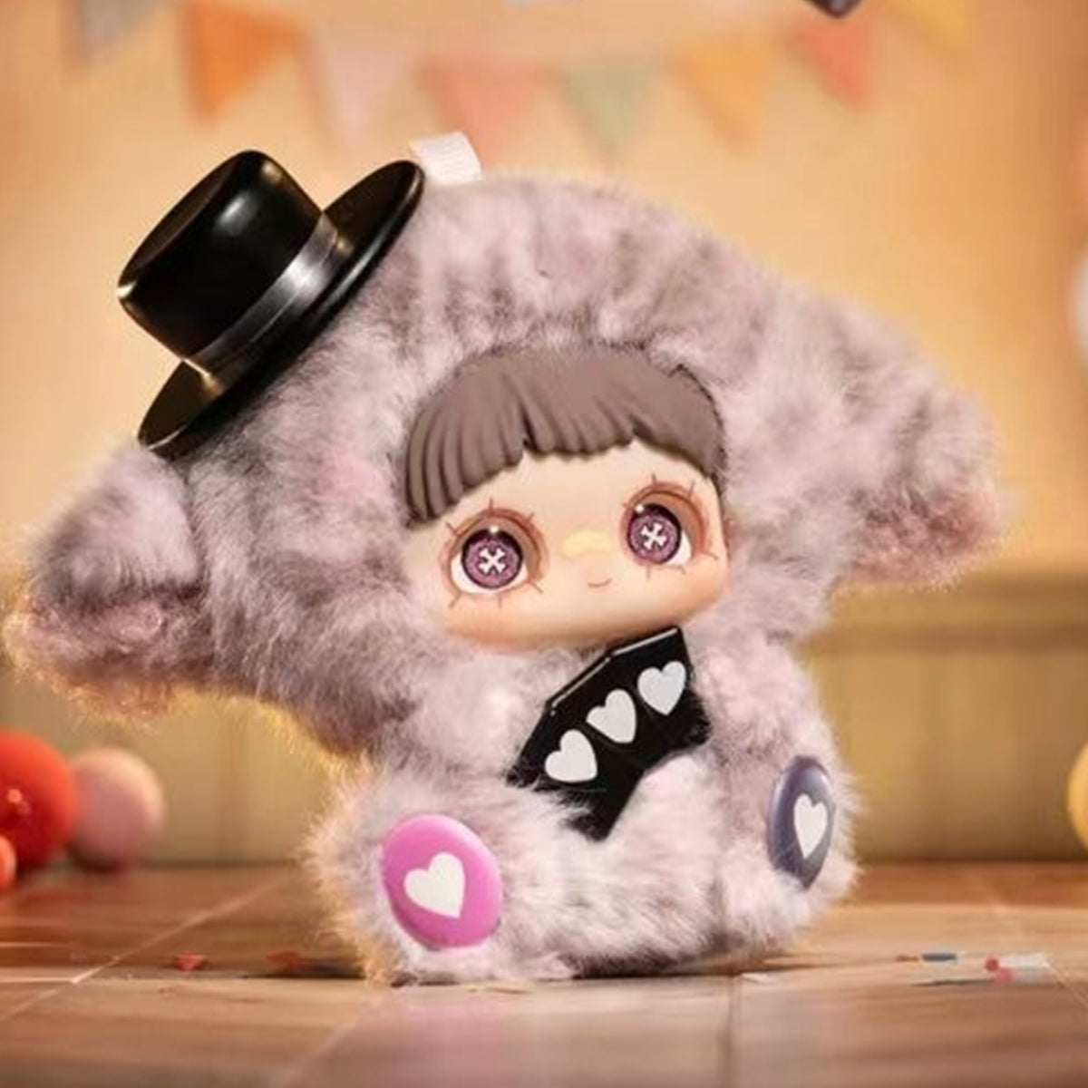 MayMei Surprise Party Series Plush Pendant Blind Box - Complete plush design example with black top hat; random design not guaranteed