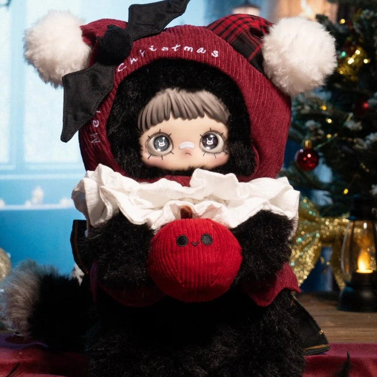 MayMei Christmas Gift 400% plush front view with burgundy hood and red apple-shaped detail; shared design for both packaging options