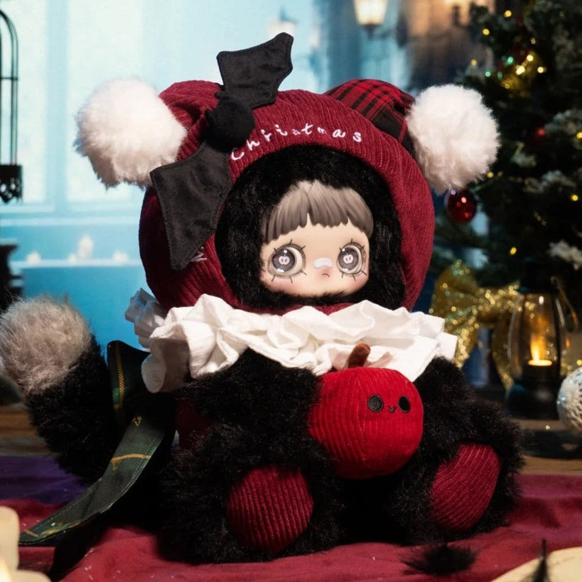 Full seated view of the MayMei Christmas Gift 400% plush in a Christmas scene; display props are not included