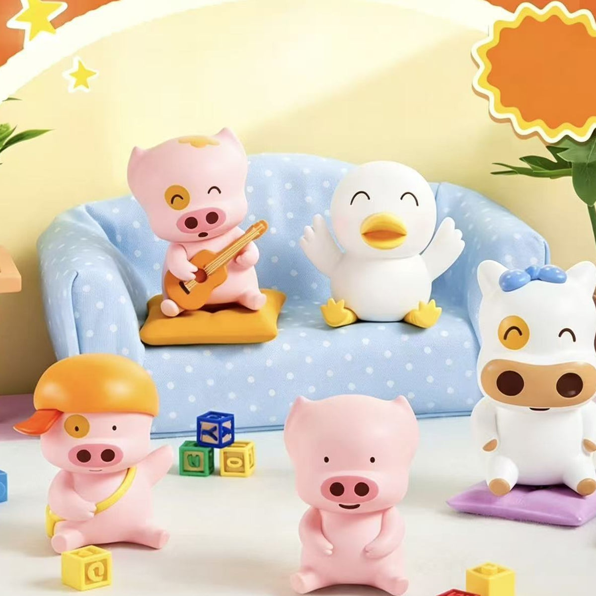 McDull Friends Sitting Together Series Mini Figure Blind Box - Mini figure series scene with complete central examples; lower pink figure and right cow partly cropped; scene props not included; random design not guaranteed