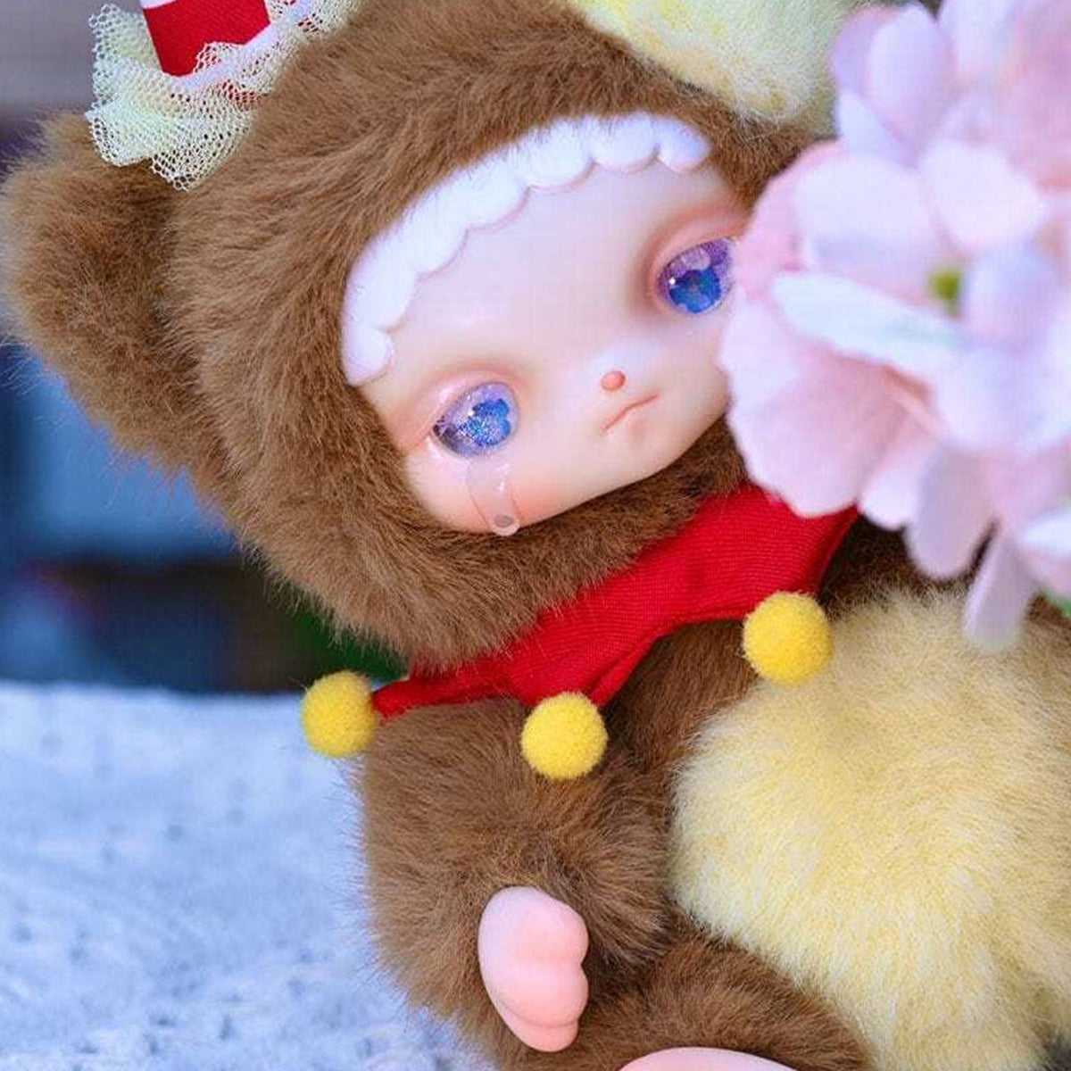 Meesiy Guardian Spirit Series Plush Dolls, Blind Box - Brown plush detail with head and lower body cropped and flower obscuring body; random design not guaranteed