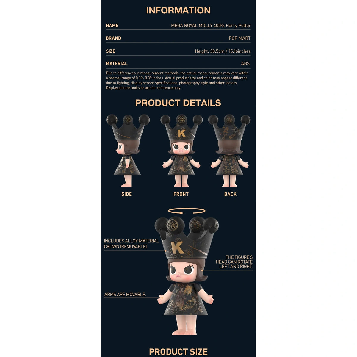 English size, ABS body and removable alloy crown; head rotates left/right and arms move