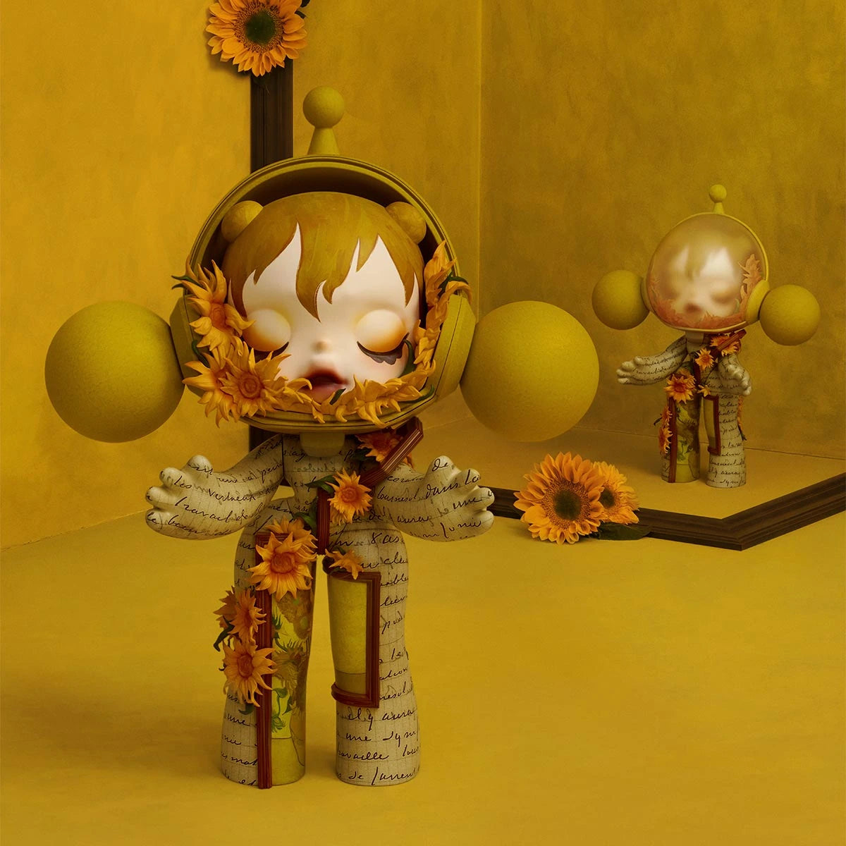 MEGA α SKULLPANDA 1000% Van Gogh Museum Sunflowers figure, full front display; mirror reflection is the same figure