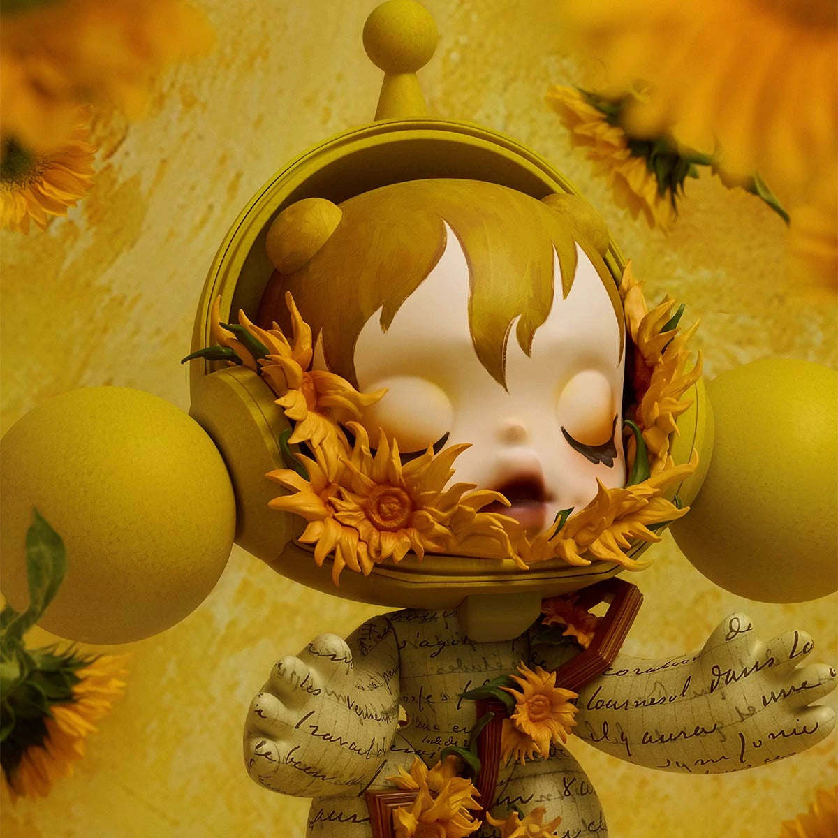 MEGA α SKULLPANDA 1000% Van Gogh Museum Sunflowers figure, close view of the face, helmet and sunflower details